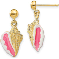 14K Yellow Gold Pink Enamel Conch Shell Dangle Earrings by 0