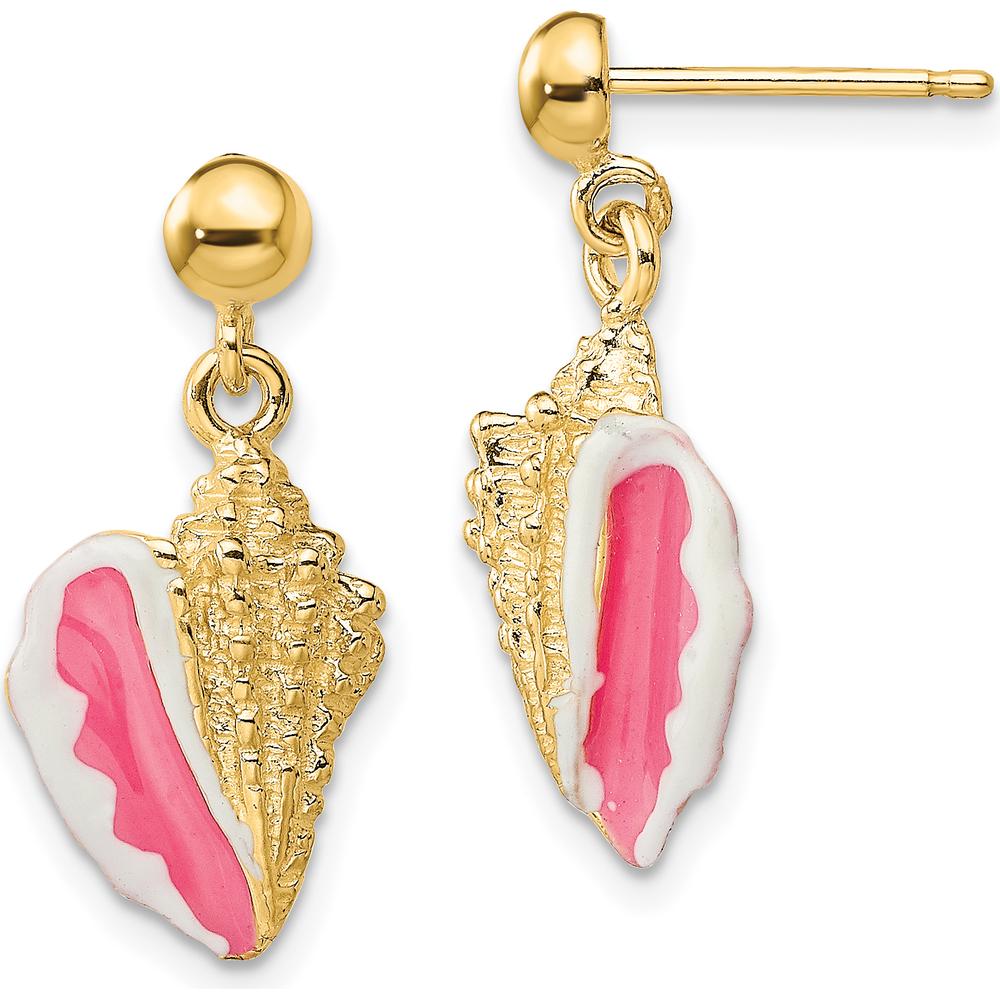14K Yellow Gold Pink Enamel Conch Shell Dangle Earrings by 0