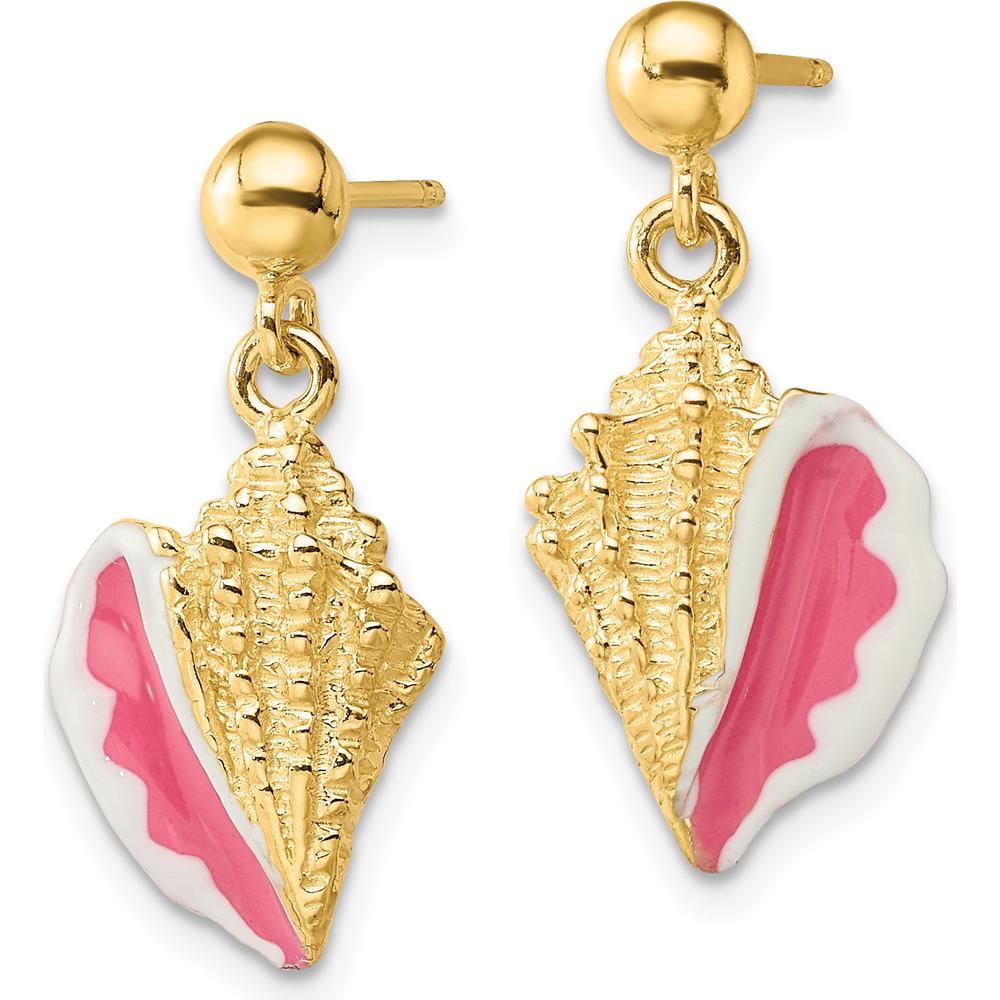14K Yellow Gold Pink Enamel Conch Shell Dangle Earrings by 0