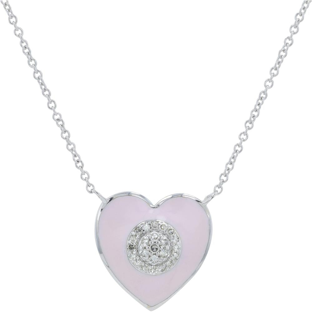 14K Yellow Gold Pink Enamel Heart Pendant Necklace with Diamond Cluster - 0.10 Carats Total Diamond Weight