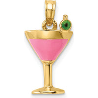 14K Yellow Gold Pink Enamel Martini Charm with Green Olive Accent by Oro Pregiato