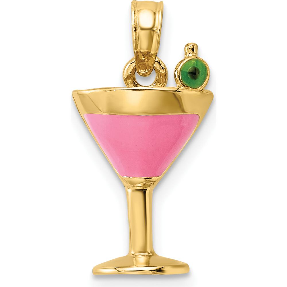 14K Yellow Gold Pink Enamel Martini Charm with Green Olive Accent by Oro Pregiato