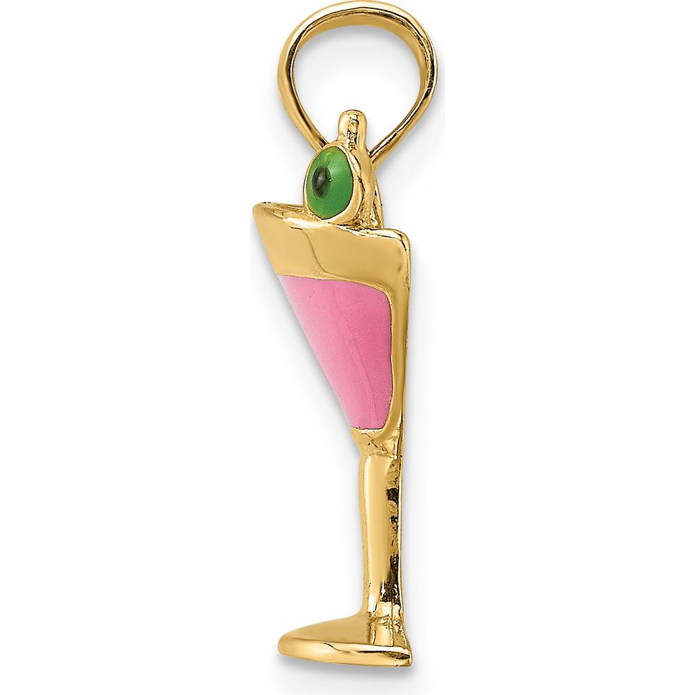 14K Yellow Gold Pink Enamel Martini Charm with Green Olive Accent by Oro Pregiato