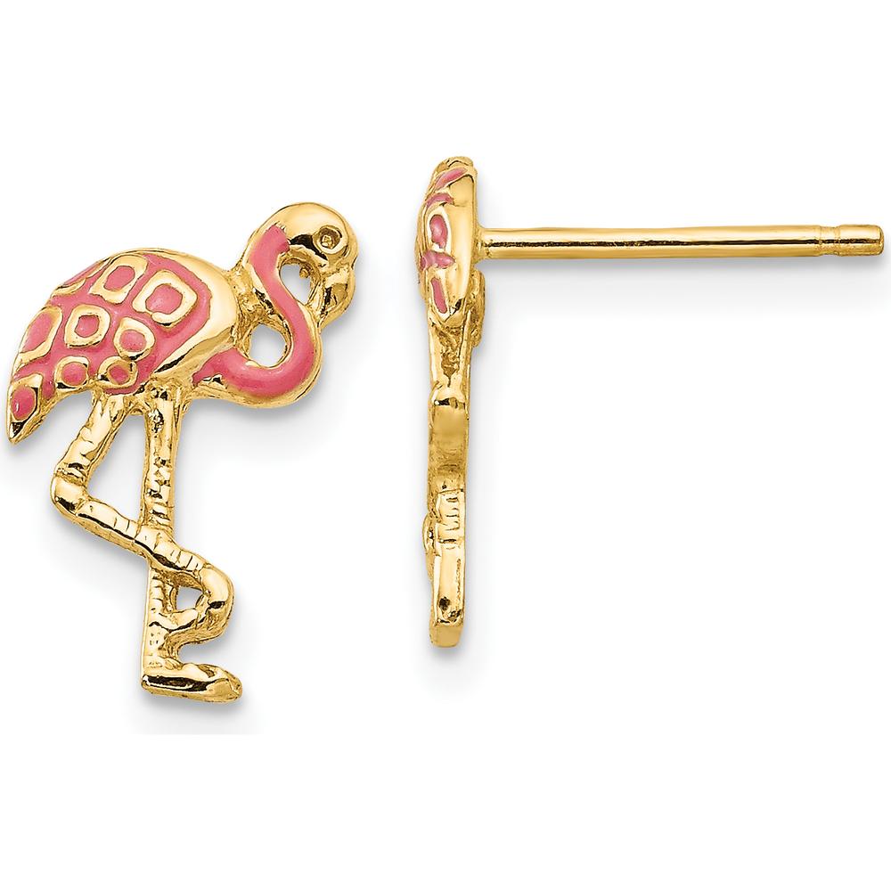 14K Yellow Gold Pink Enameled Flamingo Post Earrings by 0