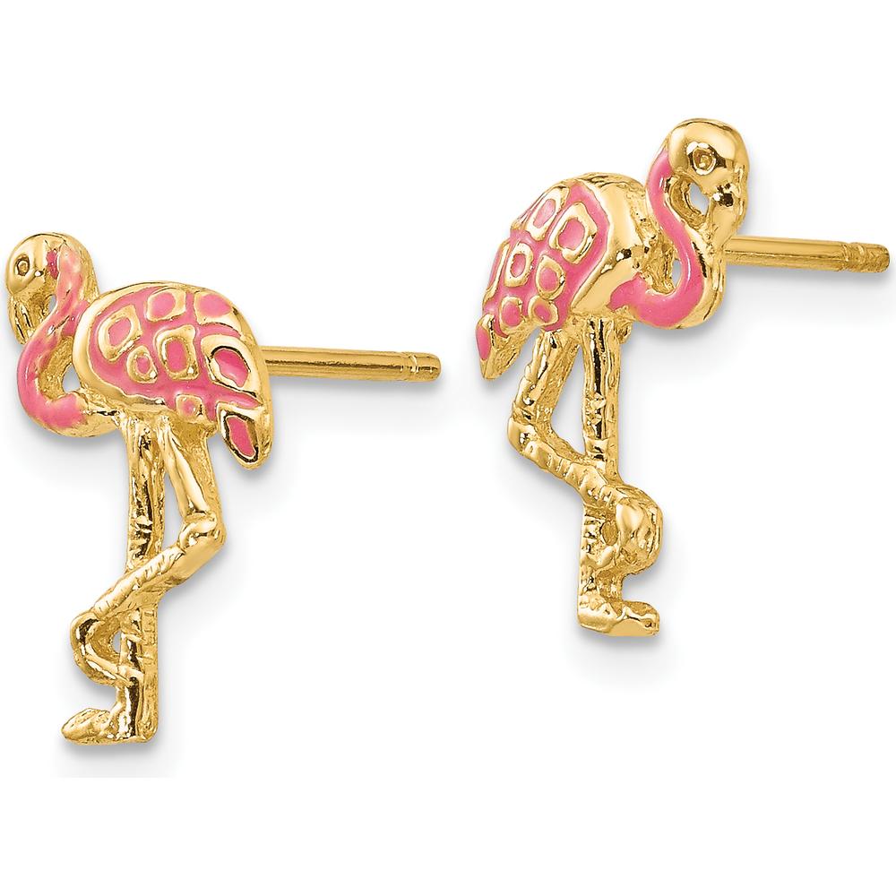 14K Yellow Gold Pink Enameled Flamingo Post Earrings by 0