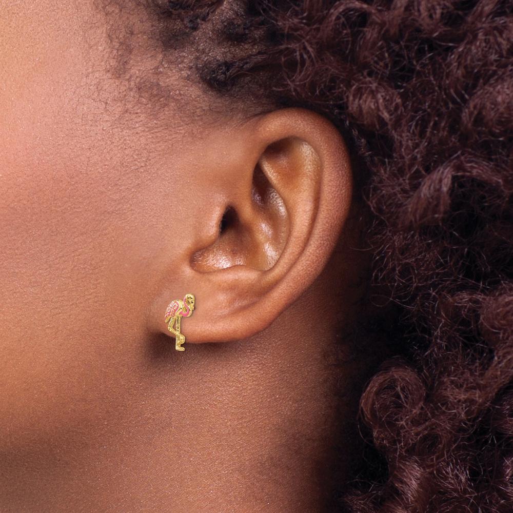14K Yellow Gold Pink Enameled Flamingo Post Earrings by 0