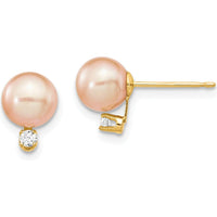 14K Yellow Gold Pink Freshwater Cultured Pearl and Diamond Post Earrings - 0.06 Carat Total Diamond Weight by Monteluci Fine Jewelry