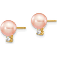 14K Yellow Gold Pink Freshwater Cultured Pearl and Diamond Post Earrings - 0.06 Carat Total Diamond Weight by Monteluci Fine Jewelry