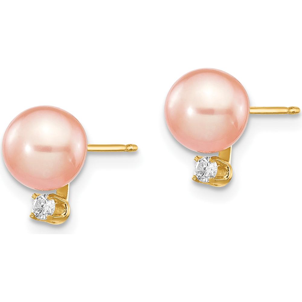 14K Yellow Gold Pink Freshwater Cultured Pearl and Diamond Post Earrings - 0.06 Carat Total Diamond Weight by Monteluci Fine Jewelry