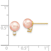 14K Yellow Gold Pink Freshwater Cultured Pearl and Diamond Post Earrings - 0.06 Carat Total Diamond Weight by Monteluci Fine Jewelry