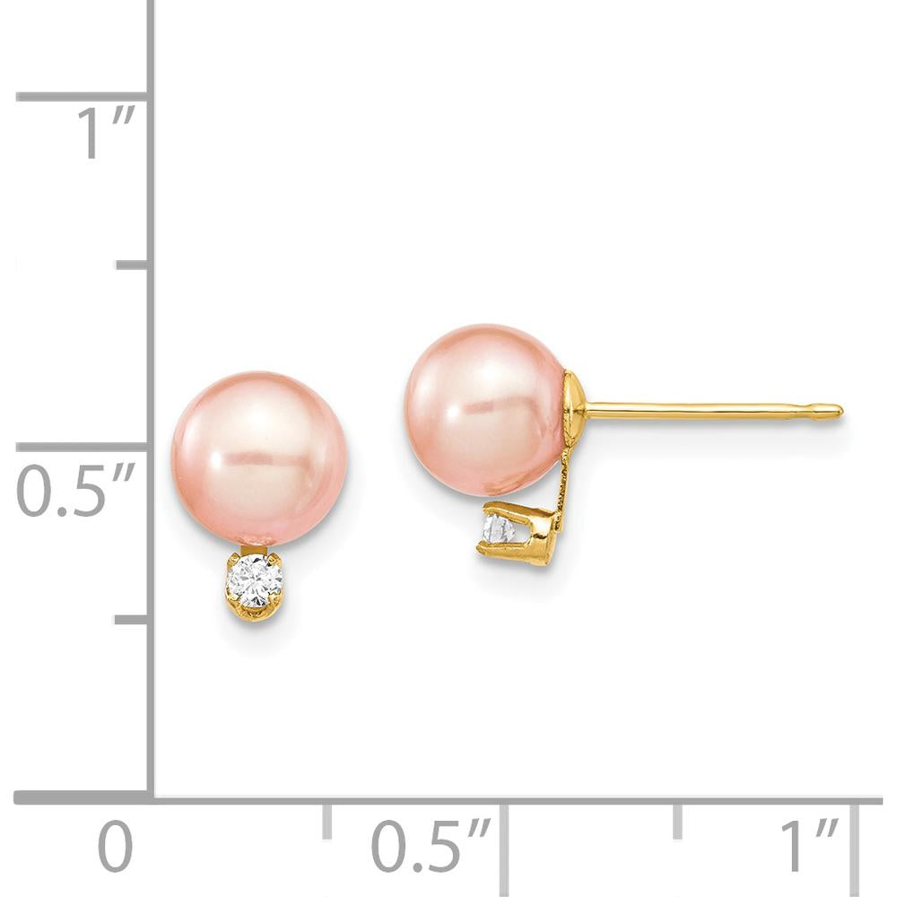14K Yellow Gold Pink Freshwater Cultured Pearl and Diamond Post Earrings - 0.06 Carat Total Diamond Weight by Monteluci Fine Jewelry