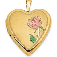 14K Yellow Gold Pink Rose and Green Enamel Heart Locket Pendant - 20mm by Monteluci Fine Jewelry