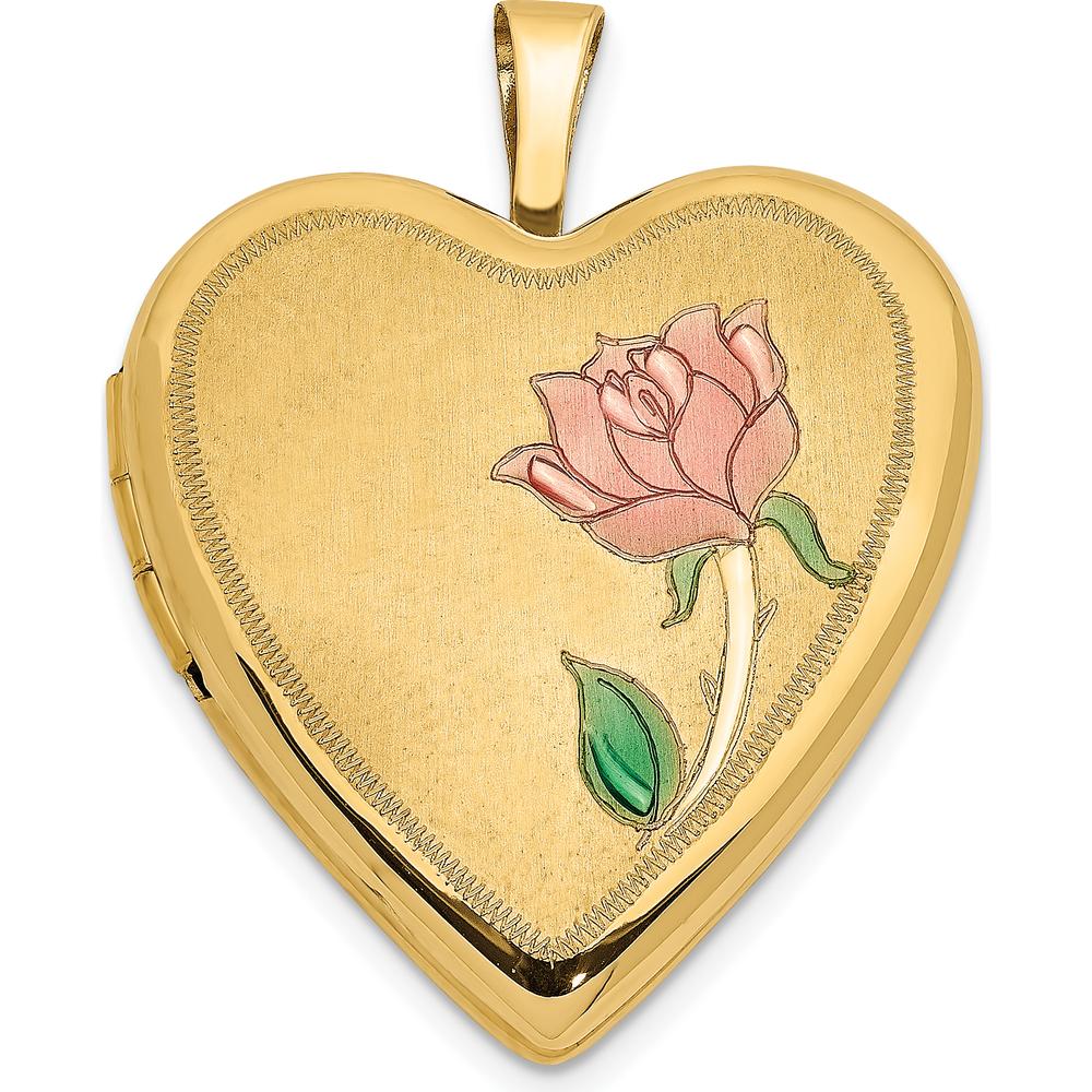 14K Yellow Gold Pink Rose and Green Enamel Heart Locket Pendant - 20mm by Monteluci Fine Jewelry