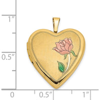 14K Yellow Gold Pink Rose and Green Enamel Heart Locket Pendant - 20mm by Monteluci Fine Jewelry