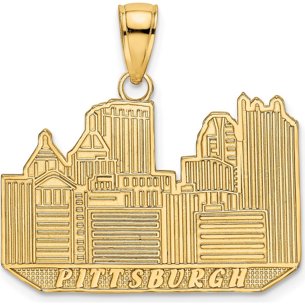14K Yellow Gold Pittsburgh Skyline Charm Pendant - Polished Textured Design by Oro Pregiato