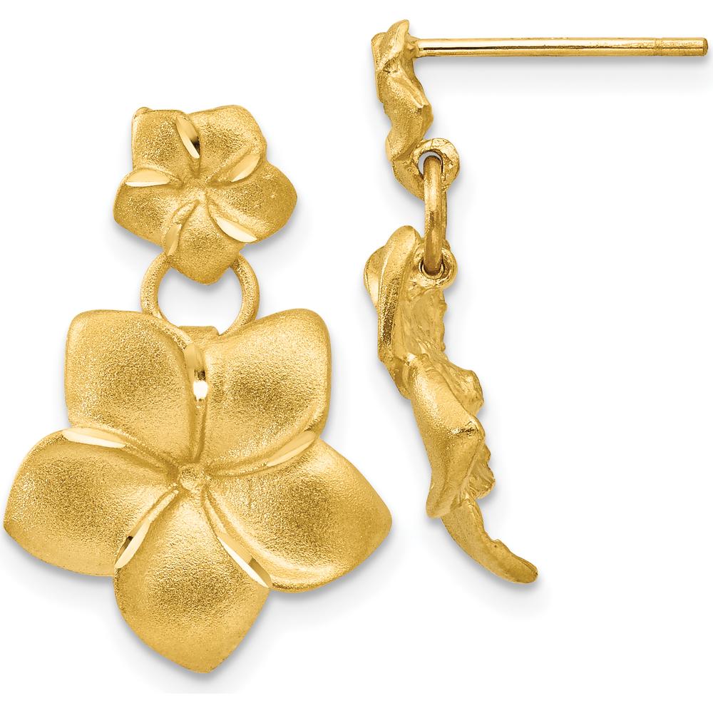 14K Yellow Gold Plumeria Dangle Earrings - Elegant Floral Design with Polished Finish by Oro Pregiato
