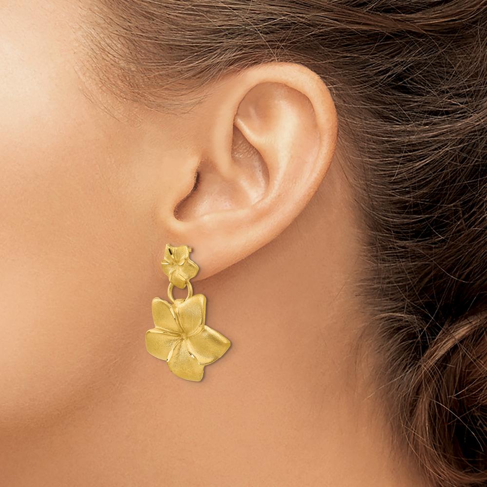 14K Yellow Gold Plumeria Dangle Earrings - Elegant Floral Design with Polished Finish by Oro Pregiato