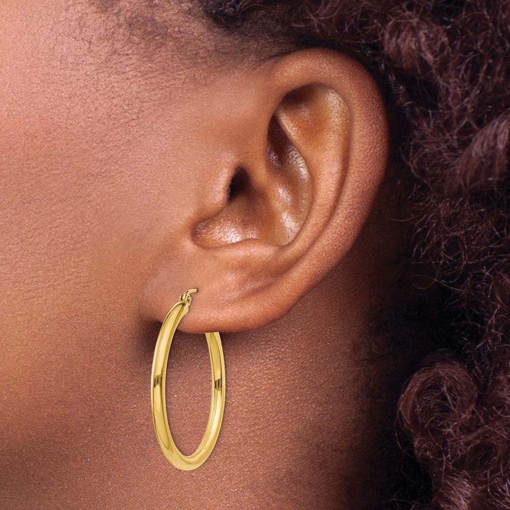 14K Yellow Gold Polished 2.5mm Tube Hoop Earrings - 30mm Length by 0