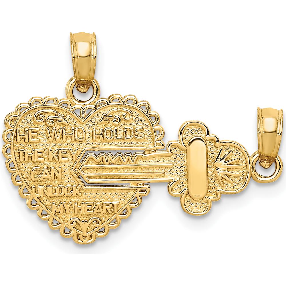 14K Yellow Gold Polished 2-Piece Break-Apart Heart and Key Charm - "He Who Holds The Key Can Unlock My Heart" by Oro Pregiato