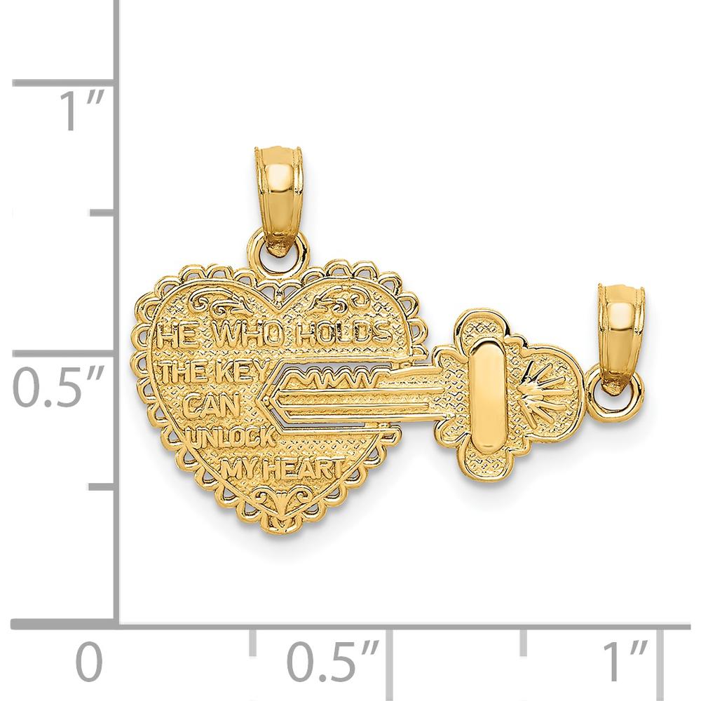 14K Yellow Gold Polished 2-Piece Break-Apart Heart and Key Charm - "He Who Holds The Key Can Unlock My Heart" by Oro Pregiato