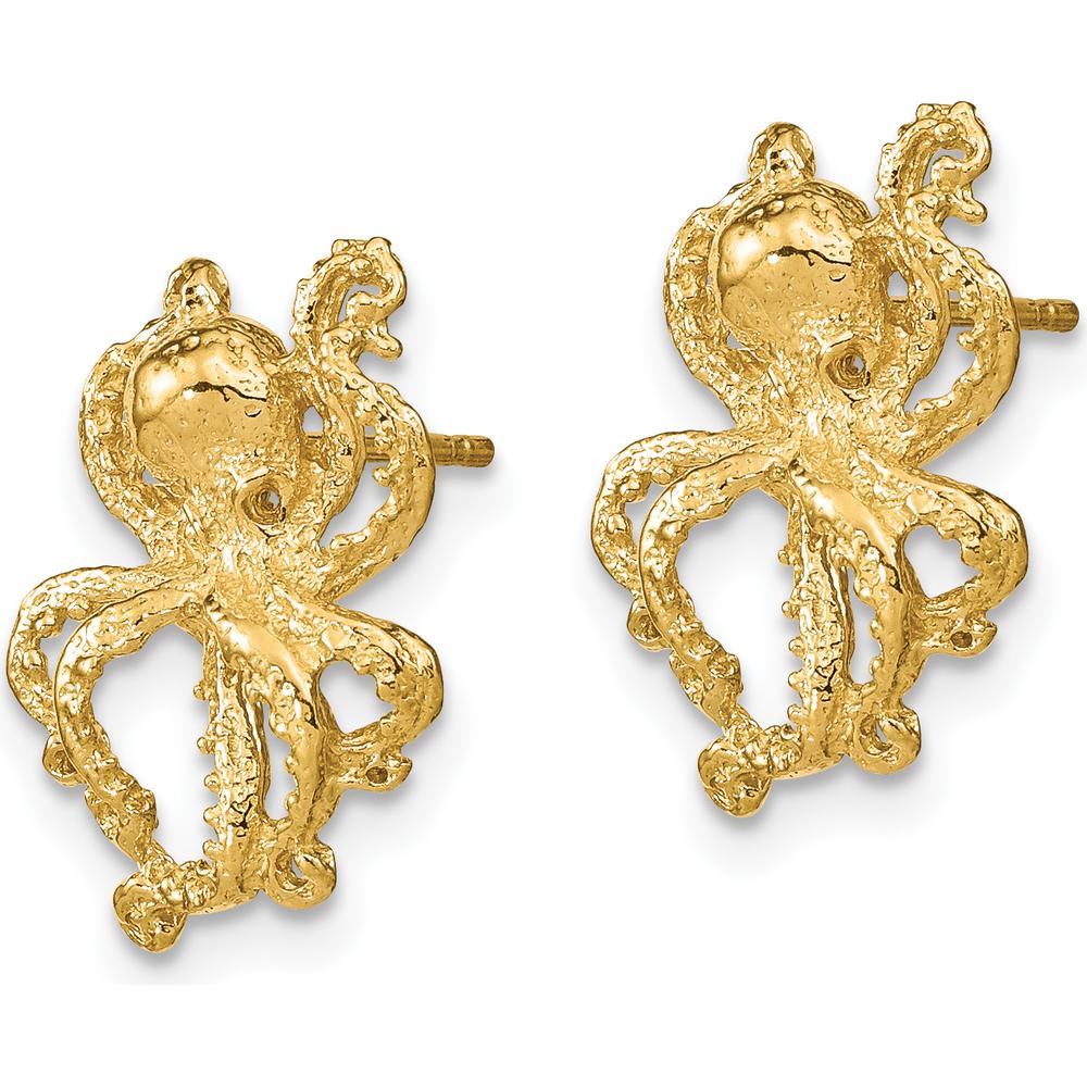 14K Yellow Gold Polished 2D Octopus Post Earrings - Unique Ocean-Inspired Design by 0