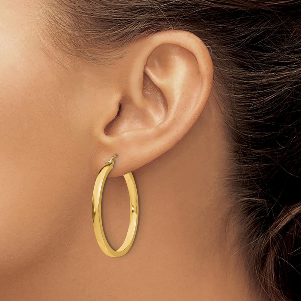 14K Yellow Gold Polished 2mm Rectangle Tube Hoops - 34mm Length by 0