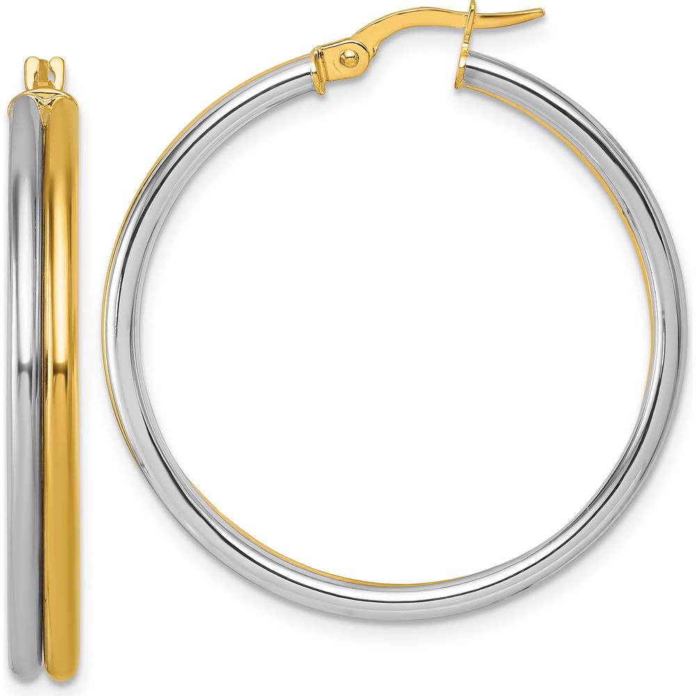 14K Yellow Gold Polished 35mm Grooved Hoop Earrings with Rhodium Plating by 0