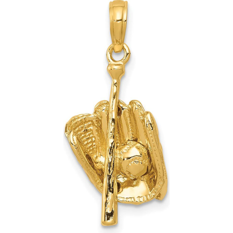 14K Yellow Gold Polished 3D Baseball Glove/Bat Pendant - Solid Gold Textured Design by Oro Pregiato