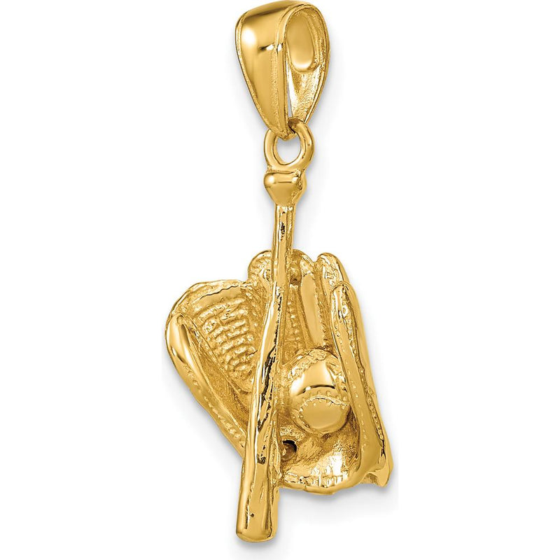 14K Yellow Gold Polished 3D Baseball Glove/Bat Pendant - Solid Gold Textured Design by Oro Pregiato
