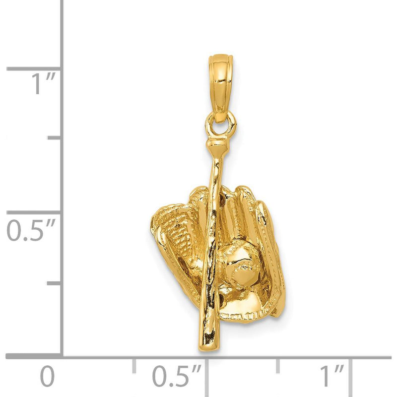 14K Yellow Gold Polished 3D Baseball Glove/Bat Pendant - Solid Gold Textured Design by Oro Pregiato