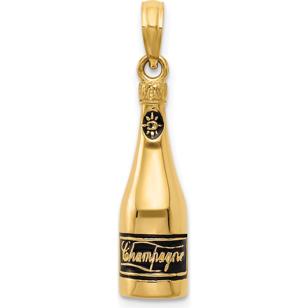 14K Yellow Gold Polished 3D Champagne Bottle Pendant with Black Enamel Accents by Oro Pregiato
