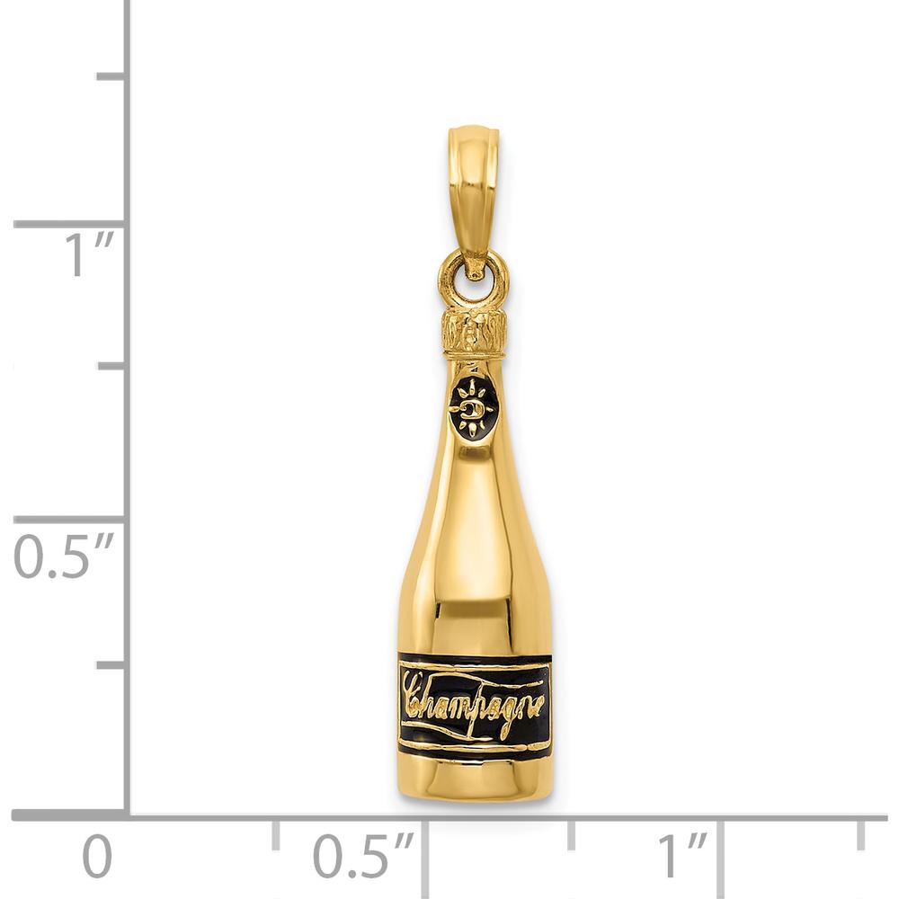 14K Yellow Gold Polished 3D Champagne Bottle Pendant with Black Enamel Accents by Oro Pregiato