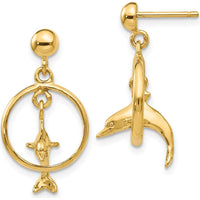 14K Yellow Gold Polished 3D Dolphin Jumping Through Hoop Dangle Earrings by Oro Pregiato
