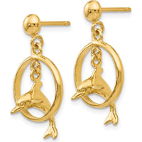 14K Yellow Gold Polished 3D Dolphin Jumping Through Hoop Dangle Earrings by Oro Pregiato