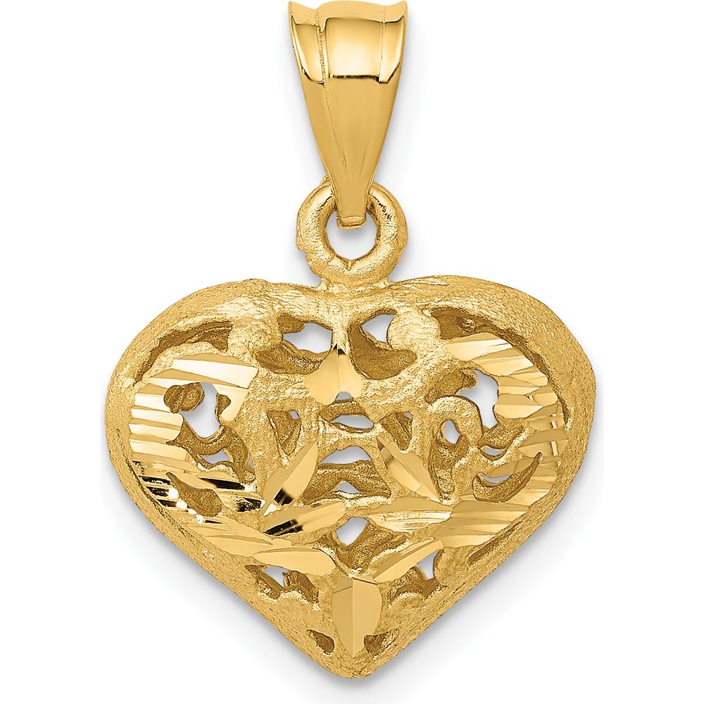 14K Yellow Gold Polished 3D Filigree Puffed Heart Pendant 21mm by Oro Pregiato