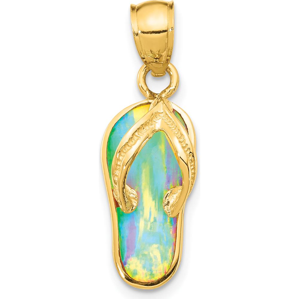 14K Yellow Gold Polished 3D Flip Flop Pendant with Lab Created White Opal - Textured Design by Oro Pregiato