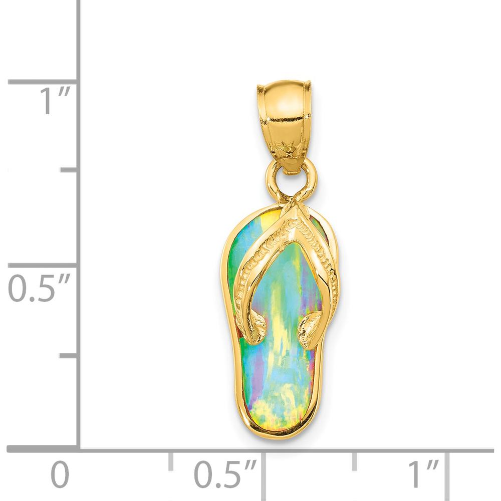 14K Yellow Gold Polished 3D Flip Flop Pendant with Lab Created White Opal - Textured Design by Oro Pregiato