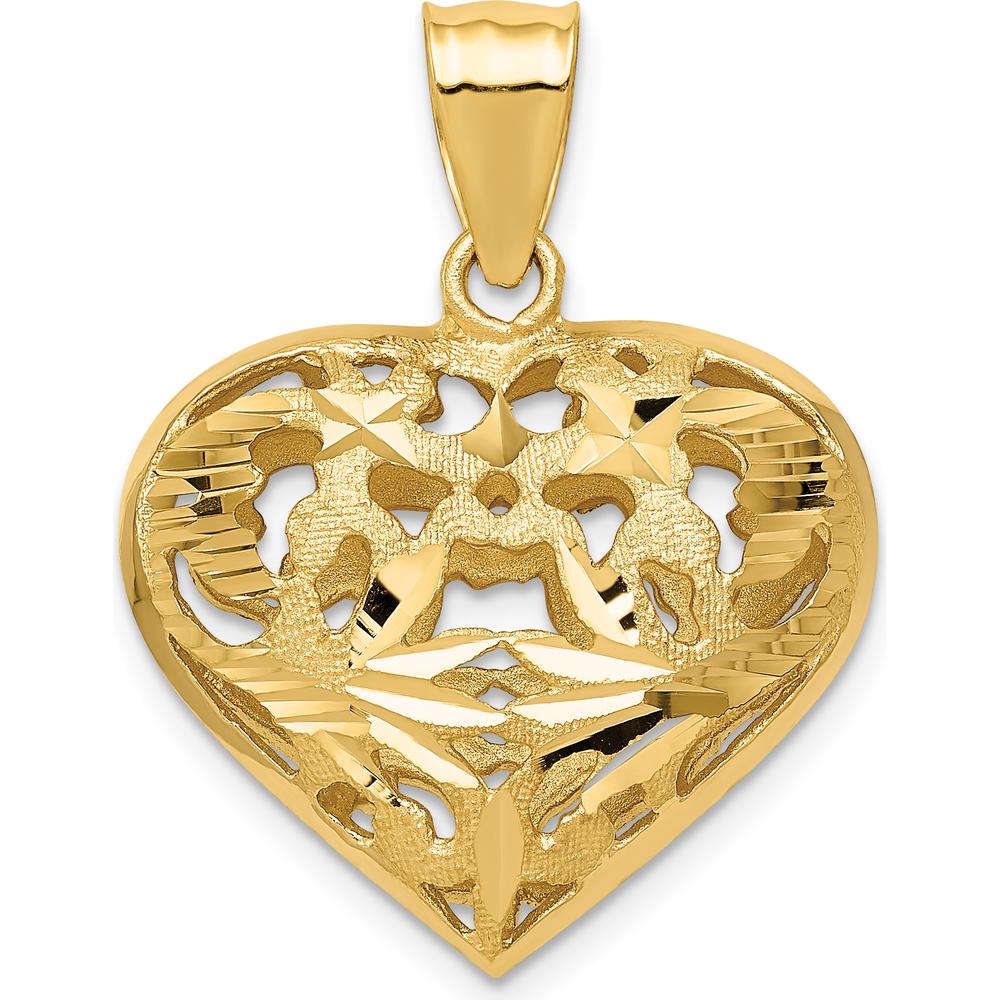 14K Yellow Gold Polished 3D Heart Charm with Diamond-Cut Design by Oro Pregiato
