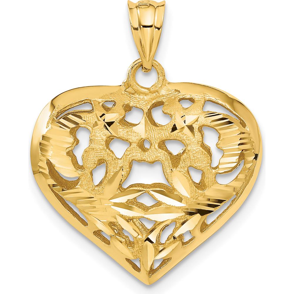 14K Yellow Gold Polished 3D Heart Charm with Diamond-Cut Design by Oro Pregiato