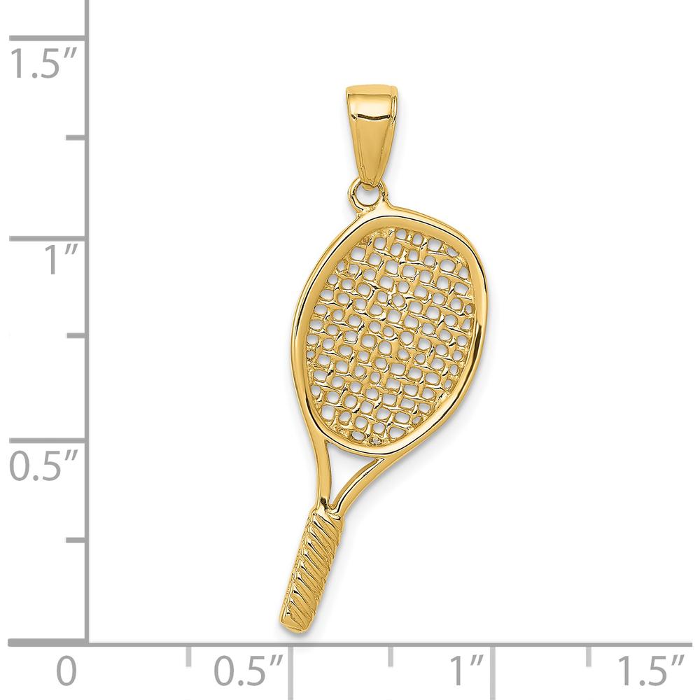 14K Yellow Gold Polished 3D Tennis Racquet Pendant - Solid Casted Design by Oro Pregiato
