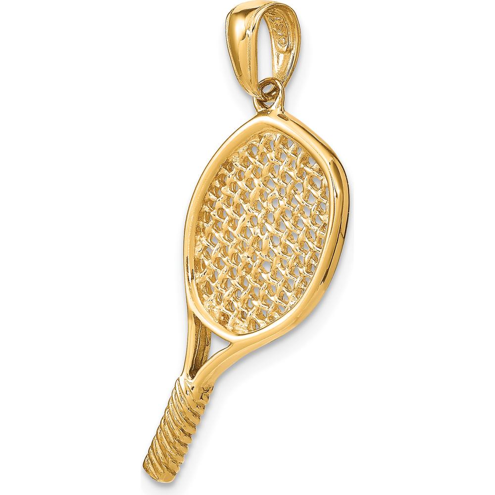 14K Yellow Gold Polished 3D Tennis Racquet Pendant - Solid Casted Design by Oro Pregiato
