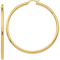 14K Yellow Gold Polished 3mm Lightweight Large Hoop Earrings - 65mm Length by 0