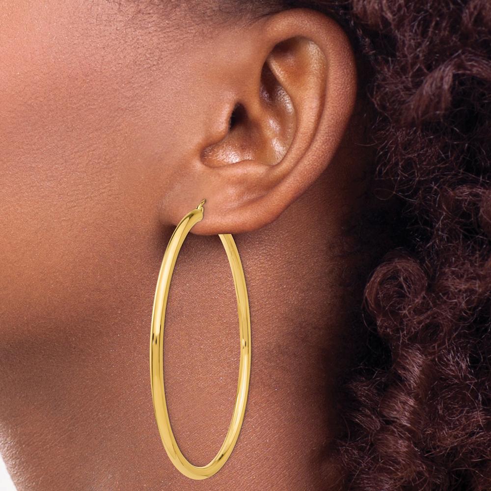 14K Yellow Gold Polished 3mm Lightweight Large Hoop Earrings - 65mm Length by 0