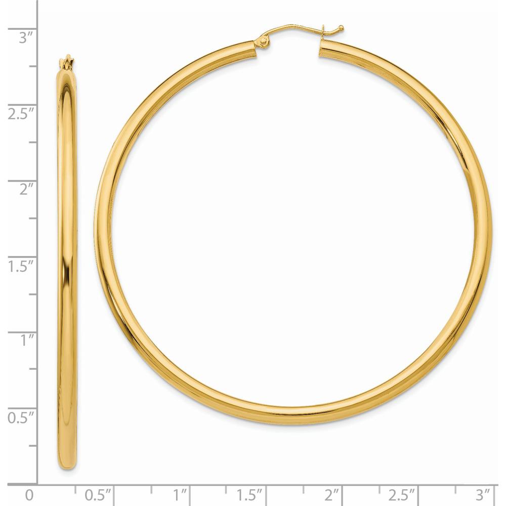 14K Yellow Gold Polished 3mm Lightweight Large Hoop Earrings - 65mm Length by 0