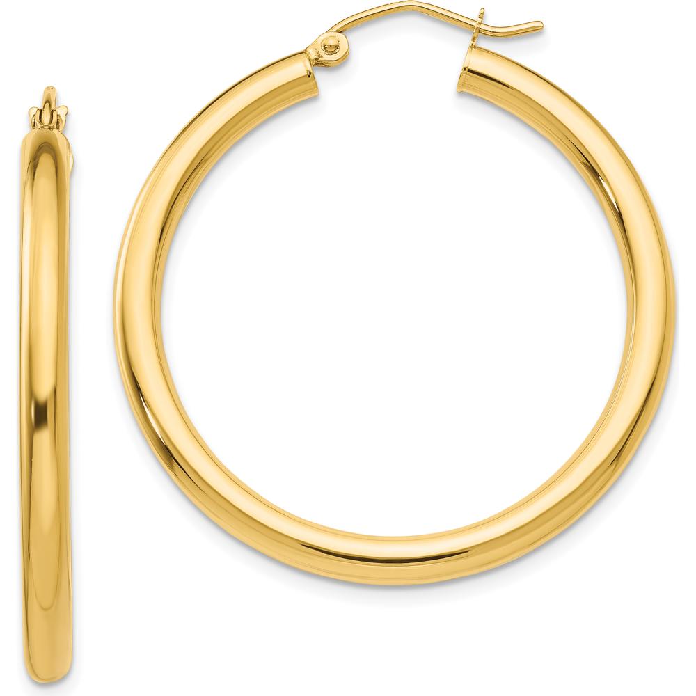 14K Yellow Gold Polished 3mm Lightweight Tube Hoop Earrings - 35mm Length by 0