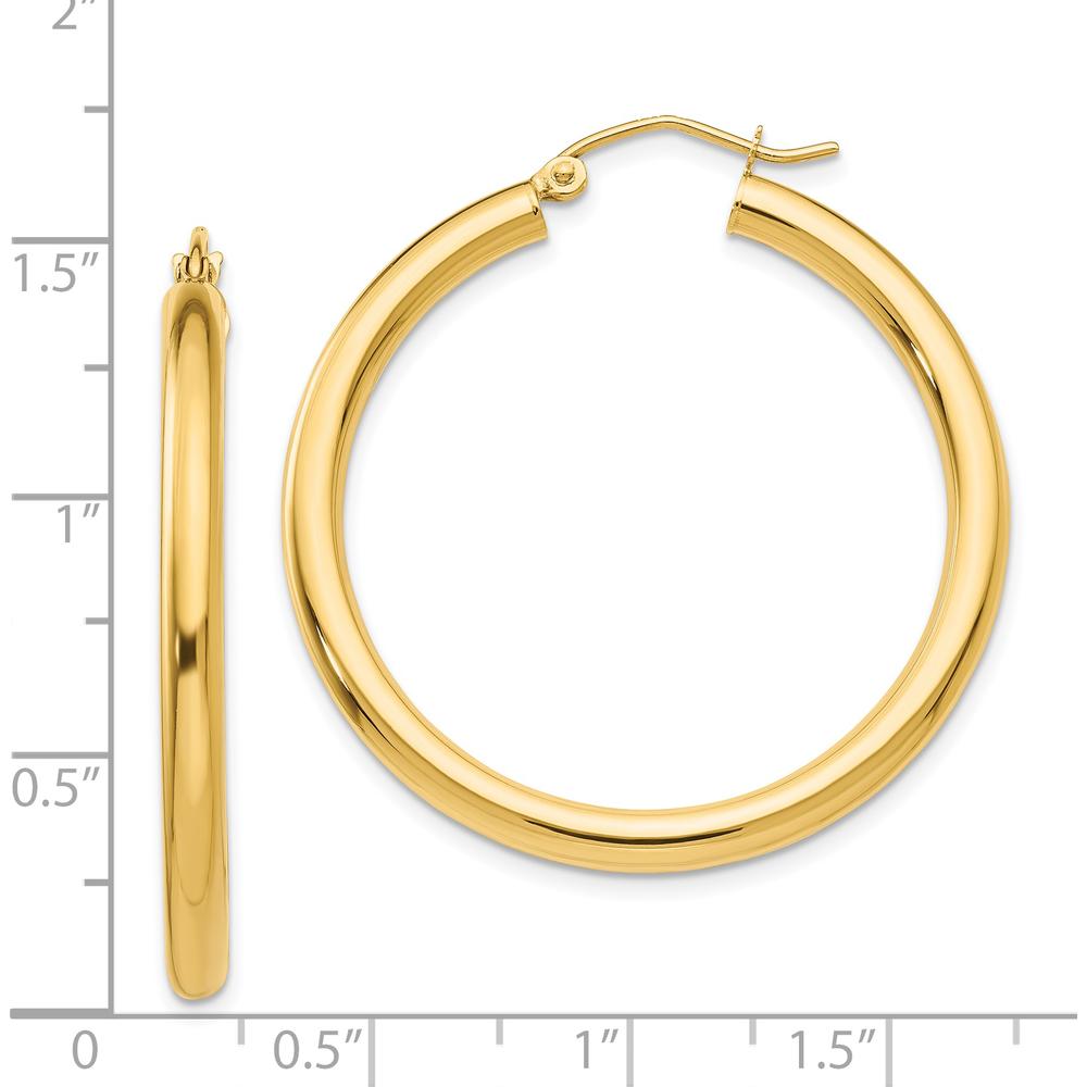 14K Yellow Gold Polished 3mm Lightweight Tube Hoop Earrings - 35mm Length by 0