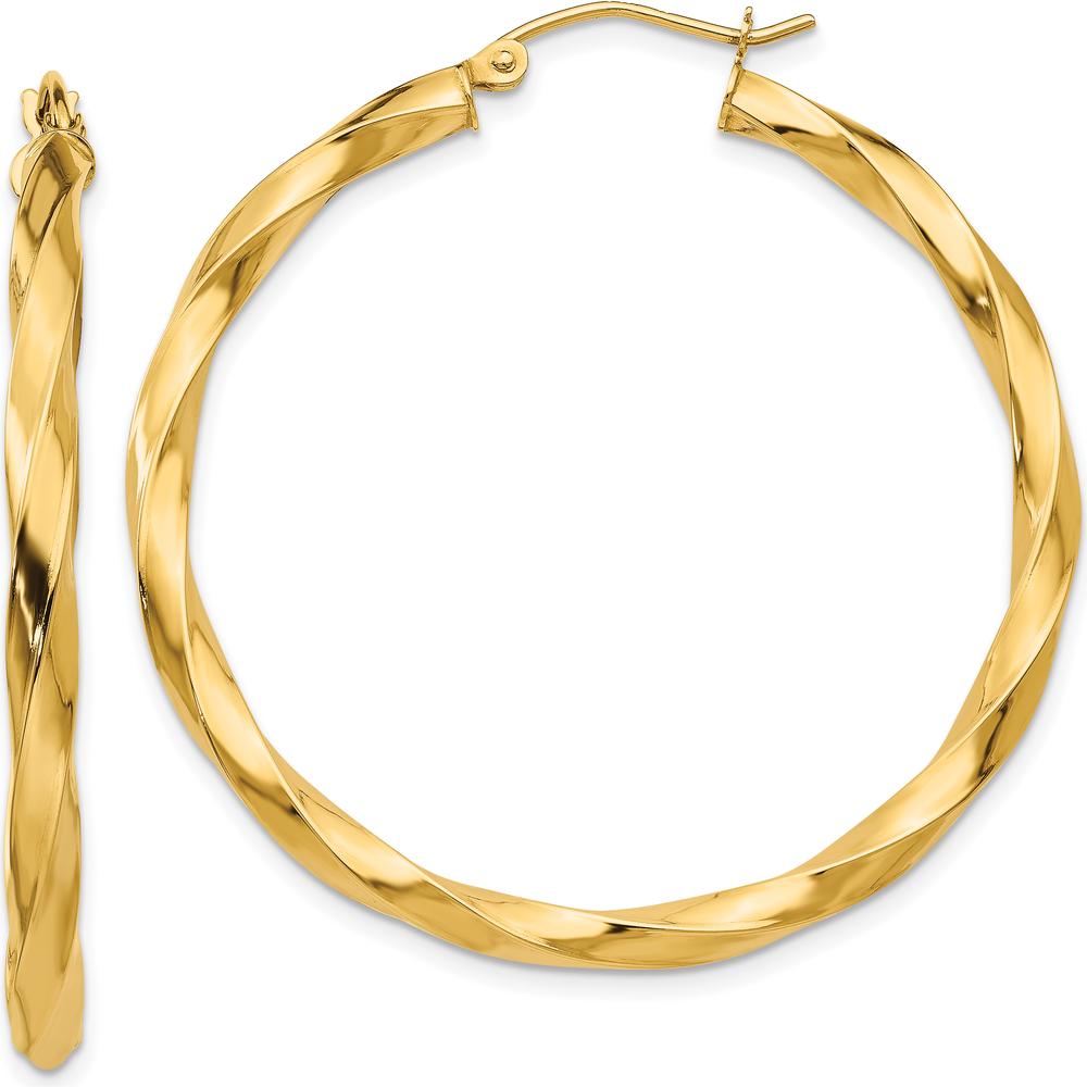 14K Yellow Gold Polished 3mm Twisted Hoop Earrings - 40mm Diameter by 0