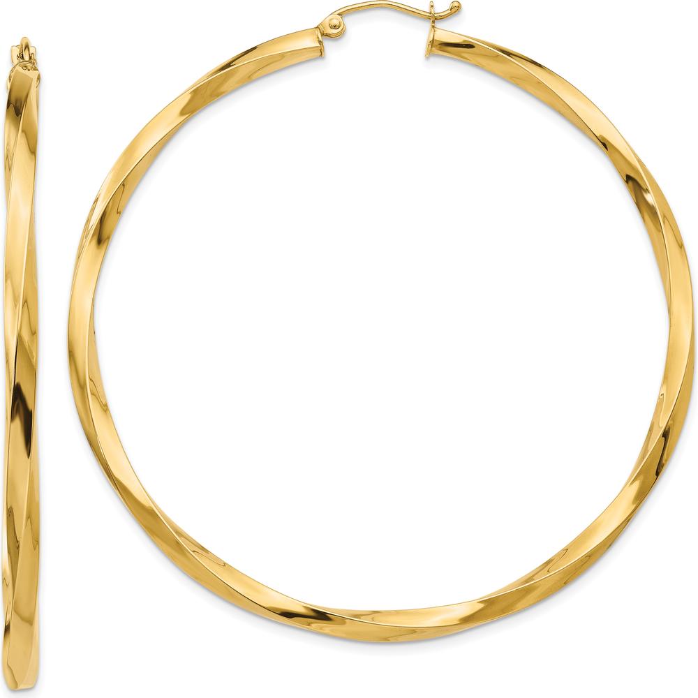 14K Yellow Gold Polished 3mm Twisted Hoop Earrings - 60mm Length by 0