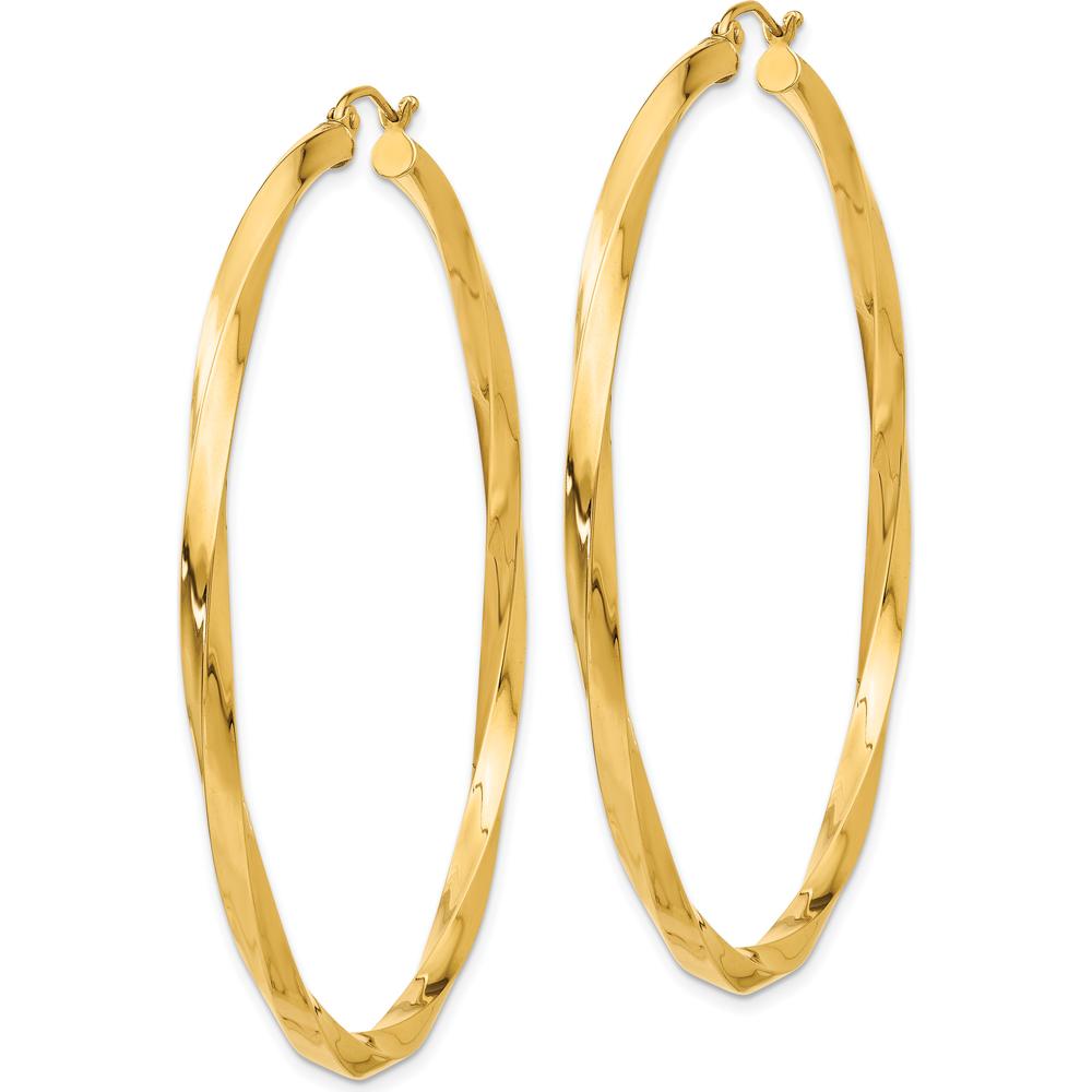 14K Yellow Gold Polished 3mm Twisted Hoop Earrings - 60mm Length by 0