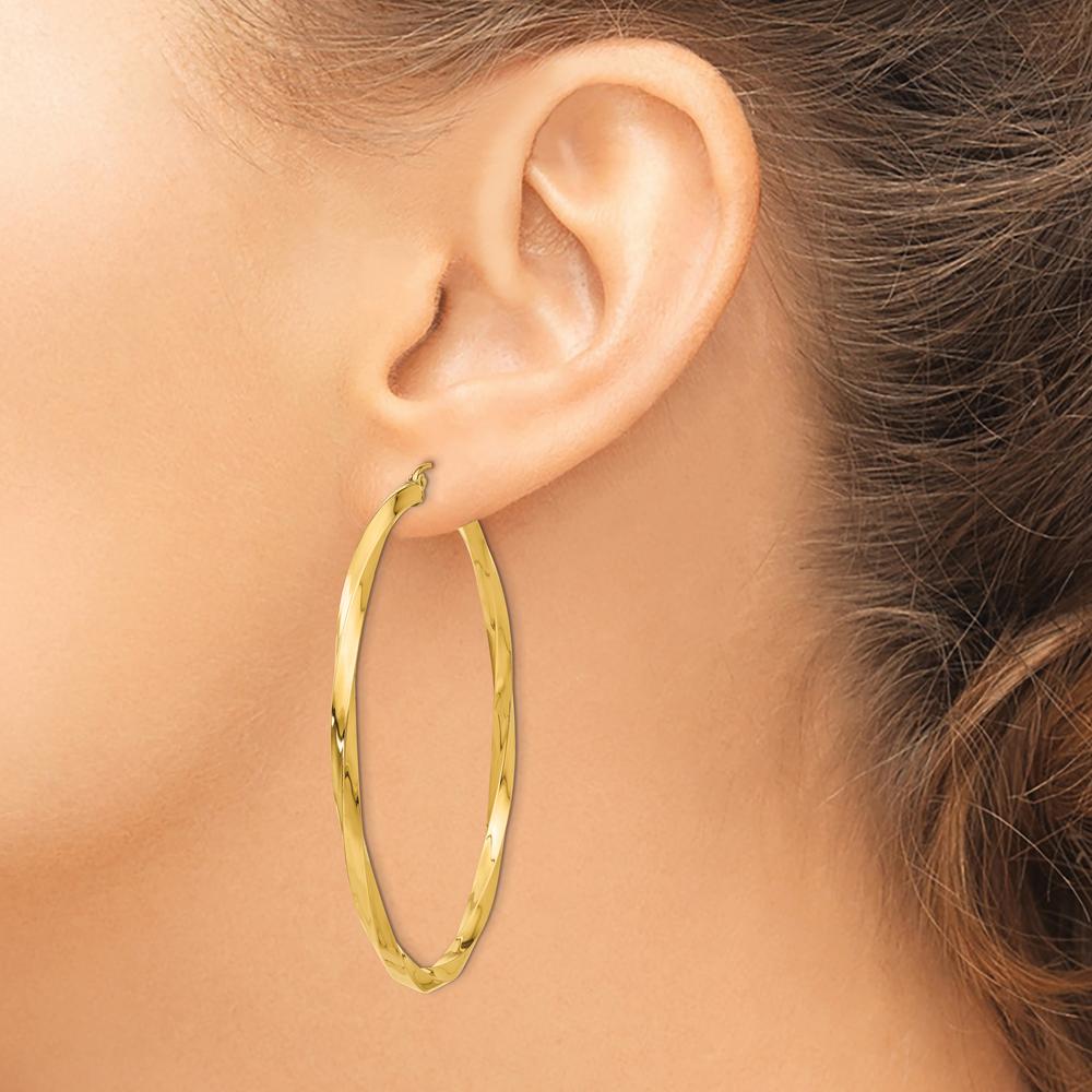 14K Yellow Gold Polished 3mm Twisted Hoop Earrings - 60mm Length by 0